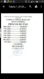 Nova Tabela de preço de venda de pão estabelecida pela AMOPÃO em vigor desde 1º de Abril de 2017