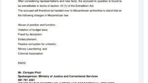 Chang devolvido para Moçambique, conforme deliberação do Ministério da Justiça e Serviços Correccionais, em despacho cuja cópia temos em posse